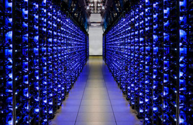inside a data centre lots of blue lights