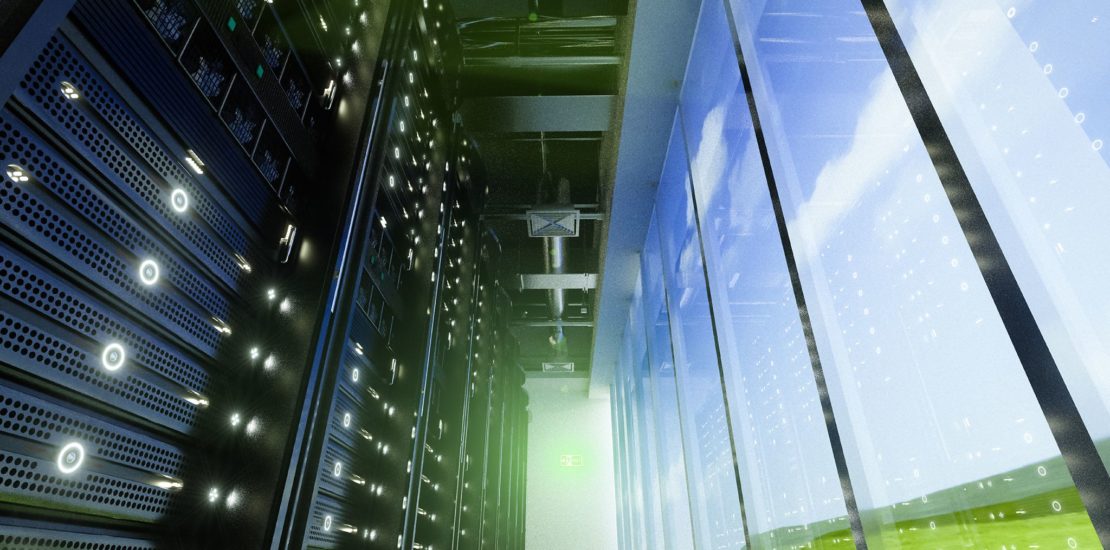 the inside of a data centre with server racks
